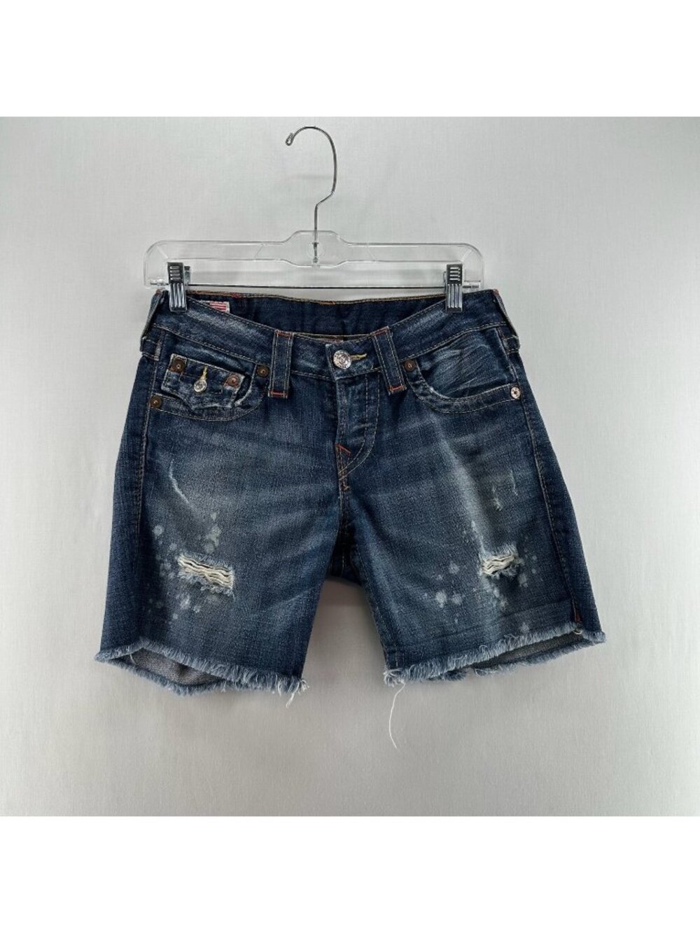 True Religion Jayde Distressed Denim Shorts Women 25 Splatter Button Frayed Blue